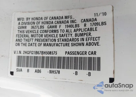 2011 Honda Civic Cpe Lx from USA, damaged, VIN 2HGFG1B67BH508575